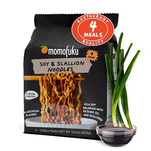 Momofuku Soy & Scallion Ramen Noodles by David Chang, 4 Pack of Restaurant Quality Instant Noodles Now with More Sauce & 10g of Protein