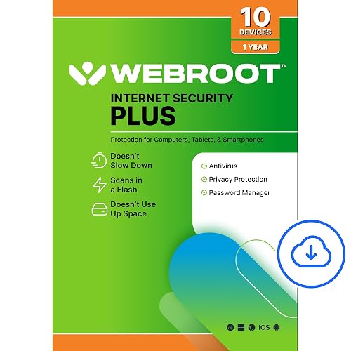 Webroot Internet Security Plus Antivirus Software 2026 | 10 Device 1 Year Download for PC/Mac/Chromebook/Android/IOS + Password Manager [Online Code]