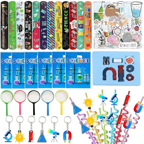 111PCS Science Party Favors, Lab Birthday Decorations and Goodie Bag Toys | 111PCS science party favors with magnifiers, gift bags, stickers, straws, bracelets, keychains and a magnet set.