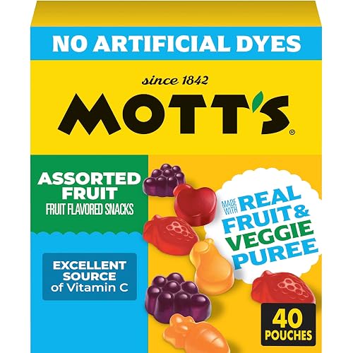 Mott's Assorted Fruit Flavored Snacks, Made with Real Fruit Puree (40 Pack) | Gluten-Free, Gelatin-Free, Fat-Free, Made with Real Fruit & Veggie Puree, No Artificial Dyes, Excellent Source of Vitamin C