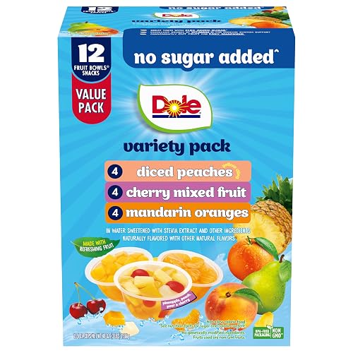 Dole Diced Peaches, Mandarin Oranges & Cherry Mixed Fruit, 4 oz, 12 Pack | No Sugar Added Variety Pack, Fruit Bowls Snacks