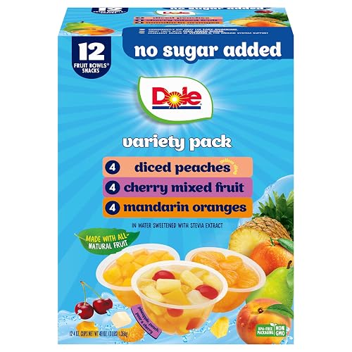 Dole Diced Peaches, Mandarin Oranges, and Cherry Mixed Fruit with No Sugar Added Variety Pack - Dole Fruit Bowls Snacks - 4 oz Bowls - 12 Pack | No Sugar Added Variety Pack, Fruit Bowls Snacks