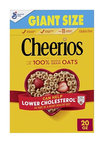 Cheerios, Heart Healthy Gluten Free Breakfast Cereal, Giant Size, 20 oz | 100% Whole Grain Oats, Soluble Fiber for Cholesterol, 34g Whole Grain, 11 Vitamins & Minerals