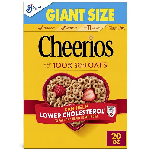 Cheerios, Heart Healthy Gluten Free Breakfast Cereal, Giant Size, 20 oz | 100% Whole Grain Oats, Soluble Fiber for Cholesterol, 34g Whole Grain, 11 Vitamins & Minerals