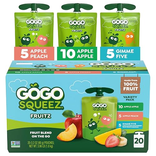 GoGo squeeZ No Sugar Added Applesauce & Fruit Puree Variety Pack, 20 Count | Kids On The Go Fruit Snack with Apple, Peach & Gimme Five!; 3.2 Oz Pouches, Gluten and Nut Free, Recloseable Cap, BPA-Free