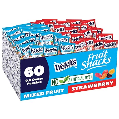 Welch's Fruit Snacks - Mixed Fruit, Strawberry  - 0.8 Oz - 60 Pack | Made with whole fruit, no artificial dyes, gluten free, 25% DV Vitamins A/C/E, great for kids and school lunches