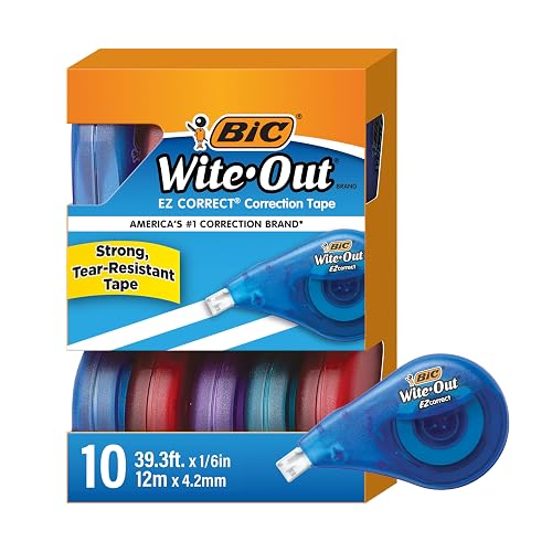 BIC Wite-Out EZ Correct Tear-Resistant Correction Tape, 39.3 ft, 10 Count | White Correction Tape, Smooth Skip-Free Coverage, Ergonomic Dispenser, Ideal for School Supplies, Instantly Ready for Writing