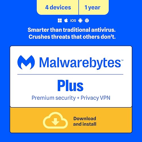 Malwarebytes Standard, Premium Security + VPN Software | 1 Year, 4 Device | Windows, Mac OS, Android, Apple iOS, Chrome [Online Code]