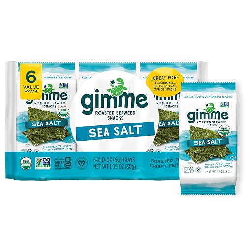 Gimme Seaweed Organic Premium Roasted Seaweed Snack, Sea Salt, .17oz, 6 CT | Keto, Vegan, Gluten Free, Great Source of Iodine & Omega 3’s, Healthy On-The-Go Snack for Kids Adults