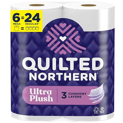 Quilted Northern Ultra Plush Toilet Paper, 6 Mega Rolls = 24 Regular Rolls | 3 ply soft toilet tissue for everyday comfort and convenience, 3x thicker for cleanliness and hygiene