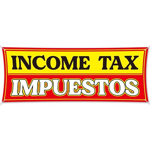 Remagr 3x8 ft Income Tax Impuestos Polyester Banner Sign with 4 Holes 1 Ribbon for Hang Indoor Outdoor to Promote Income Tax Service Business with Metal Grommets