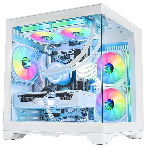 HOENGAGER Panorama Prebuilt Gaming PC, AMD Ryzen 7 5700X, Radeon RX 9060 XT 16GB, 32GB DDR4 RAM, 1TB NVMe SSD, 240mm AIO & Software Controlled ARGB Fans, Windows 11 Desktop Computer, White