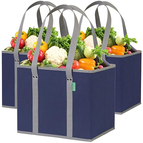 Reusable Grocery Bags (3 Pack) – Heavy Duty Shopping Bags, Blue | Large box shaped totes stand up and stay open while loading, foldable for storage, long handles, hard flat bottom