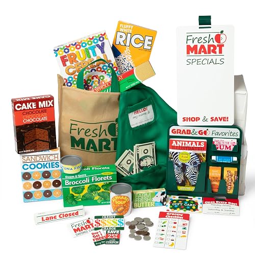 Melissa & Doug Fresh Mart Grocery Store Companion Pretend Play Food Set | 70 Pieces, Pretend Play Grocery Store Accessories, Toy Food Boxes, Cans, Apron, Play Money, Preschool Toys for Kids, Ages 3+