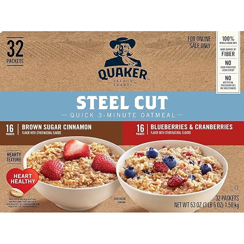 Quaker Steel Cut Quick 3-Minute Oatmeal, 2 Flavor Variety Pack, Individual Packets, 32 Count