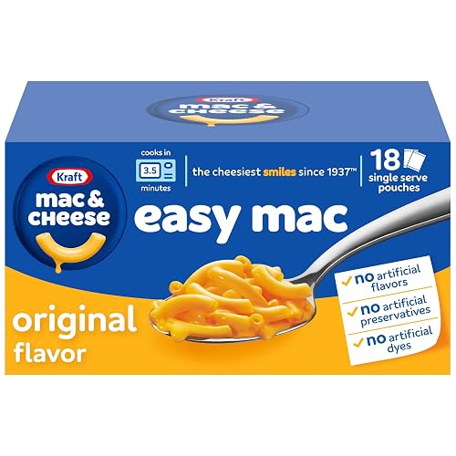 Kraft Easy Mac and Cheese Dinner, 18 Packets, Original Flavor, 38.7 oz | for Easy Dinner or Dinner Sides No Artificial Flavors, Preservatives or Dyes NO ARTIFICIAL FLAVORS, DYES OR PRESERVATIVES