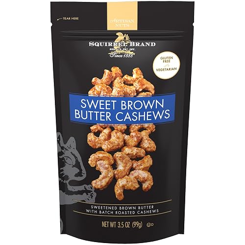 Squirrel Brand Sweet Brown Butter Cashews, 3.5 oz Resealable Bag | Gourmet Flavored Cashews Nuts, Gluten Free, Vegetarian