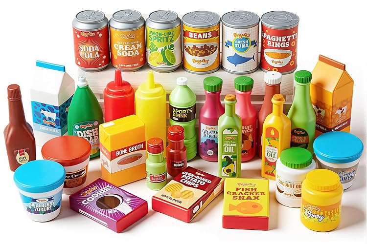 JOYIN 30Pcs Play Food Grocery Cans, Play Kitchen Accessories, Includes Drink, Juice, Jar, Seasoning, Water Bottle, Sauce, Yogurt, Ice Cream, Snack Box, Kids Gifts & Indoor Toys
