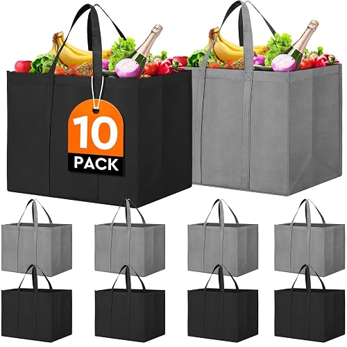 Reusable Grocery Shopping Bags 10 Pack Large Foldable Tote Bags Bulk | Eco Produce Bags with Long Handle for Shopping Groceries Clothes (Grey&Black)