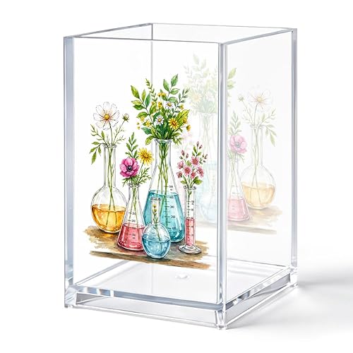 UAKXOIF Chemistry Lab Acrylic Pen Holder for Desk, Floral Science Beaker Design Clear Acrylic Organizer Box, Cute Chemist Desk Accessories, Laboratory Office Decor Gifts for Scientist Teacher Student