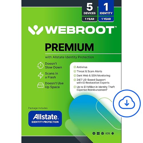 Webroot Premium 2026 with Allstate Identity Protection | 5 Device, 1 Year | Antivirus and Internet Security Software, Advanced Dark Web Monitoring, Password Manager | NEW [Online Code]