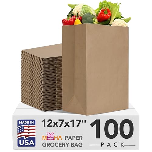 MESHA Paper Grocery Bags 12 x 7 x 17 Inches 100 Pack Bulk 60 Lbs Basis | Heavy Duty Kraft Brown Paper Bags, Large Grocery Kraft Sacks - Takeout, Restaurant, Retail, Shopping Storage and DIY Crafts