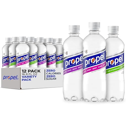Propel, 3 Flavor Variety Pack, Zero Calorie Sports Drinking Water with Electrolytes and Vitamins C&E, 16.9 Fl Oz (Pack of 12) | Zero Calories, Electrolytes and Vitamins C&E, Enhanced Water Sports Drink