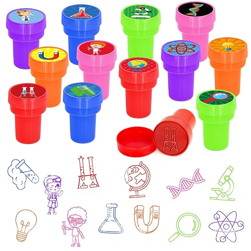 Cinrobiye 24 Pcs Science Stampers Party Favor Set, Cute Science Lab Stamps for Kids Birthday Party, Classroom Rewards, Educational Learning Toys, Goody Bag Fillers, STEM Party Supplies