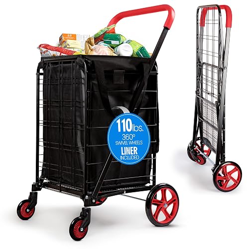 SereneLife Large Folding Utility Shopping Cart with Removable Liner – Heavy Duty, 360° Swivel Wheels, 110 lb Capacity, Portable for Groceries, Laundry, Luggage, and More (Red)