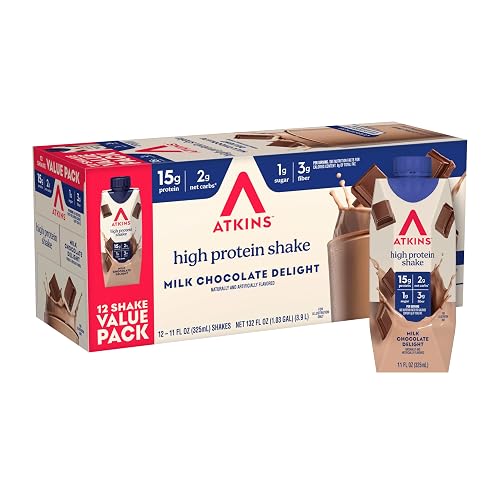 Atkins Milk Chocolate Delight High Protein Shake, 15g Protein, 12 Count | 15g Protein, 3g Fiber, 2g Net Carb, 1g Sugar, Chocolate Flavored, Keto Friendly, Ready to Drink, 12 Count