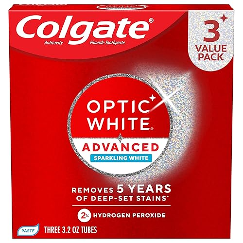 Colgate Optic White Advanced Hydrogen Peroxide Toothpaste, 3 Pack, 3.2 oz | Sparkling White, Teeth Whitening Toothpaste, Removes 5 Years of Deep-Set Coffee, Tea, and Wine Stains, Enamel Safe Formula