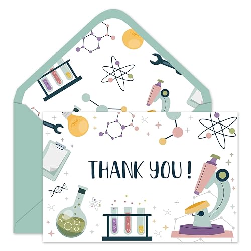 FYSUIMU 24 Pack Science Thank You Card Bulk Chemistry Lab Blank Note Cards with Envelopes Stickers Green Greeting Cards for Scientist Birthday Party