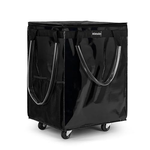 (Large, Black) Reusable Grocery Bag on 5 Wheels, Foldable Rolling Tote Bag | Carries Up to 110lb Shopping Trolley, Rolling Bag with 3 Handles, Zipper Clouser Rolling Tote Bag with Wheels for Laundry