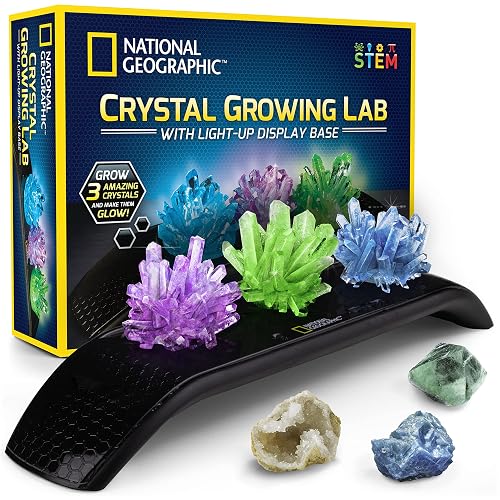 National Geographic Crystal Growing Kit with 3 Crystals for Kids Ages 8-12 | Grow 3 Vibrant Crystals, Light-Up Night Display, 3 Real Gem Specimens, Science Experiment, STEM Learning, Birthday Gift