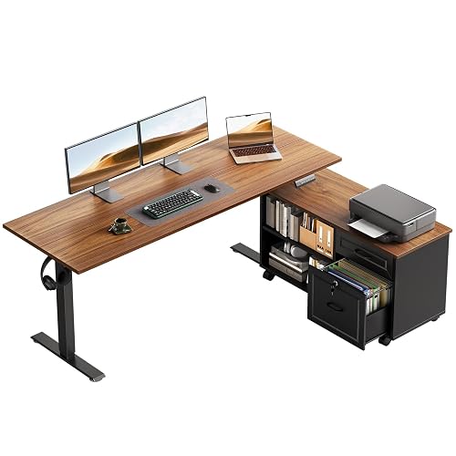 OffiGo 55" L Shaped Electric Standing Desk with Cabinet Sets, Walnut/Black | Mobile Drawers & File Cabinet Sets for Flexible Layout, Height Adjustable Executive Stand Up Desk for Home Office Workstation