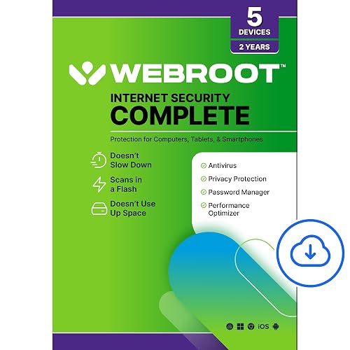 Webroot Internet Security Complete | Antivirus Software 2025 | 5 Device | 2 Year Download for PC/Mac/Chromebook/Android/IOS + Password Manager, Performance Optimizer