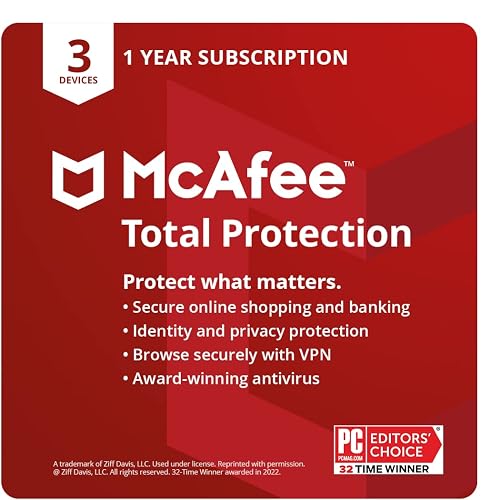 McAfee Total Protection | 3 Device | Antivirus Internet Security Software | VPN, Password Manager, Dark Web Monitoring | 1 Year Subscription | Download Code