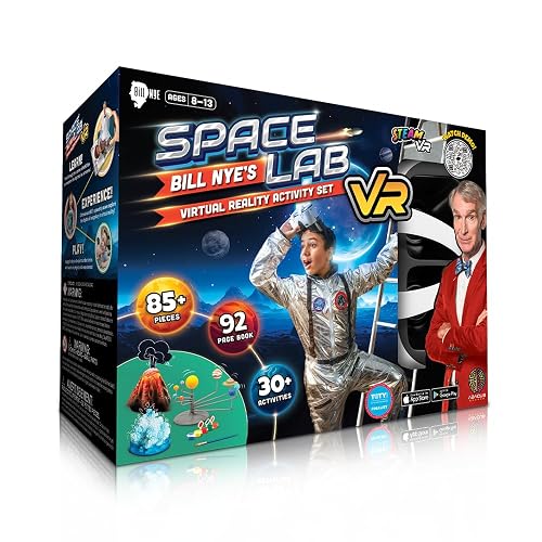 Abacus Brands Bill Nye's VR Space Lab - STEM Science Kit for Kids Age 8-12 | 85-pc Activity Set, 128 Virtual Reality & AR Experiences, Hands-Free Goggles, 92-Page Book, Hands-On Projects, Boys & Girls