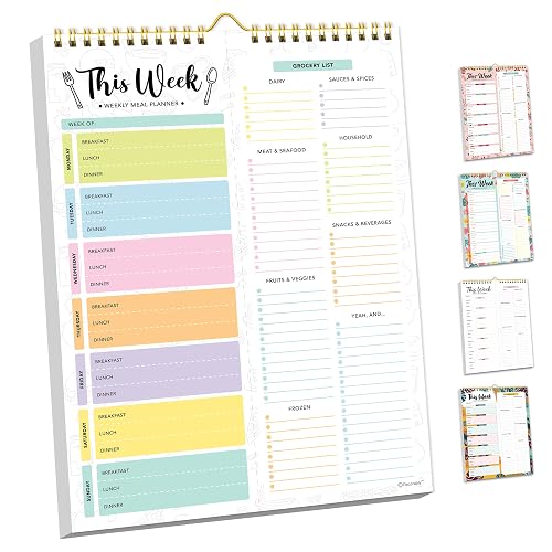 Decorably 52 Sheets Pastel Rainbow Undated Magnetic Weekly Meal Planner | 8.5x11in Grocery List Notepad Meal Planner with 4 Strong Magnets - Spring-Bound, Refrigerator Mountable, Easy Tear-Off Design