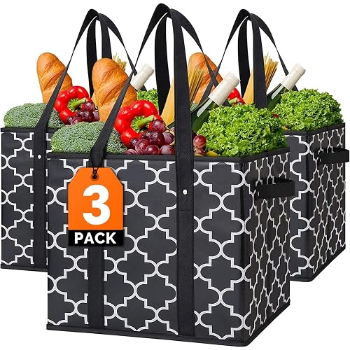 WISELIFE Reusable Grocery Bags 3-Pack Foldable Washable Large Storage Bins Basket Water Resistant Shopping Tote Bag Black | Water Resistant Shopping Tote Bag Bins