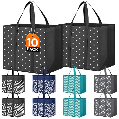 10 Pack Reusable Grocery Bags Waterproof Tote Bags for Shopping Groceries | 35L Large Capacity, Heavy-Duty, Waterproof, Lightweight, Foldable Tote with Sturdy Handles, Polka Dot Design