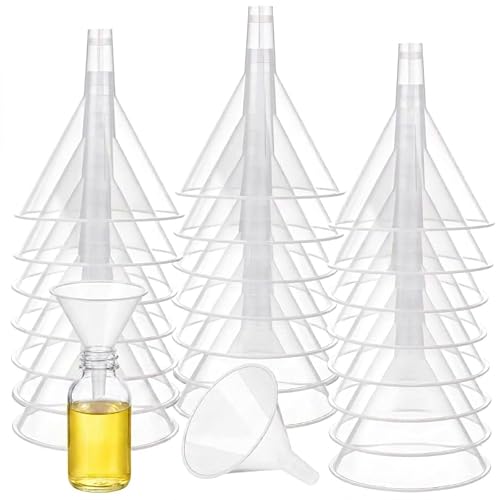 Reallnaive 24 Pcs Large Clear Plastic Funnel for Classroom 4.7 Inch Wide Mouth Clear Funnels with Long Reaching Spout for Filling Water Bottles Science Lab Bottle Filling Liquid Spices Lotion Oils