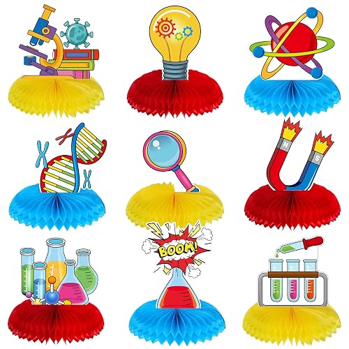 Fainne 9 Pcs Science Party Decorations Lab Themed Honeycomb Centerpiece Table Toppers for Science Fair Chemistry Stem Math Party Supplies Lab Week School Birthday Decorations