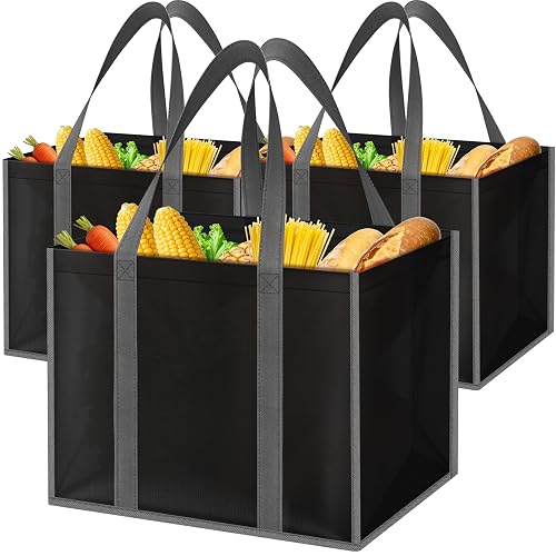 Reusable Grocery Bags for Shopping with Long Handles, 3 Pack, Black | Multipurpose Shopping Bags for Groceries, Foldable Grocery Totes Resist Water & Stains for Kitchen, Car Trunk, Picnic