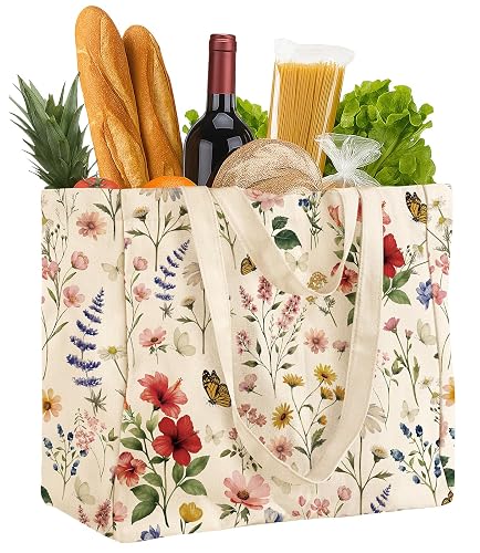 Miss Adola Cute Extra Large Canvas Grocery Tote Bag | 6 Inner Pockets & 2 Handle Strap, Reusable Shoulder Bags, Aesthetic Designer Heavy Duty Shopping Totes for Groceries