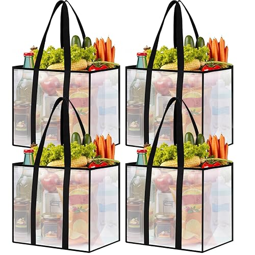 SmartTrends Reusable Grocery Bags, Clear Shopping Bags, 4 Pack, 33L | Heavy-duty, 50-lb capacity, reinforced handles, stands upright, foldable, water-resistant, wipe-clean, visible contents