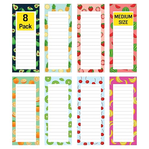 8 Magnetic Notepads – Notepads for Grocery List, Shopping List, To-Do List, Reminders -Strong Magnetic Back- Memo Notepad with Realistic Fruit Designs | 25 Sheets per Pad 7.5 x 3.5 inch (8 Pack) | Notepads for Grocery List, Shopping List, To-Do List, Reminders