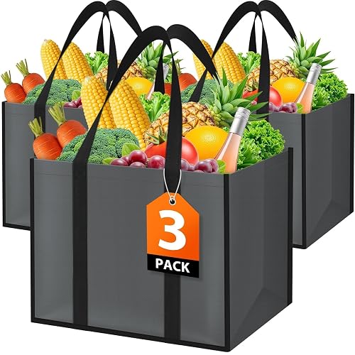 WISELIFE Reusable Grocery Bags, Foldable, Lasting Use, 35L, 3 Pack, Gray | Large Shopping Bags with Reinforced Stitching, Water-Resistant Grocery Totes for Kitchen, Market, Car Trunk, Picnic