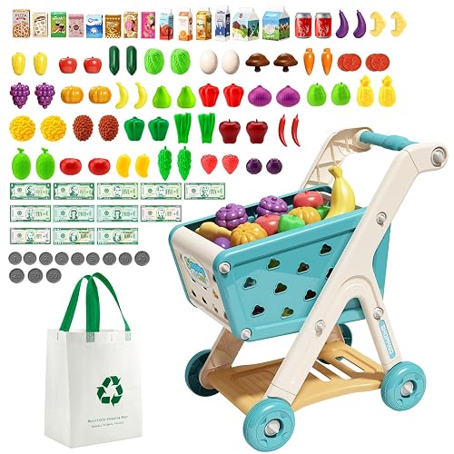 Jovow 102pcs Kids Shopping Cart Trolley Play Set with Pretend Food | Perfect for Ages 3+ Pretend Play and Role-Playing Games