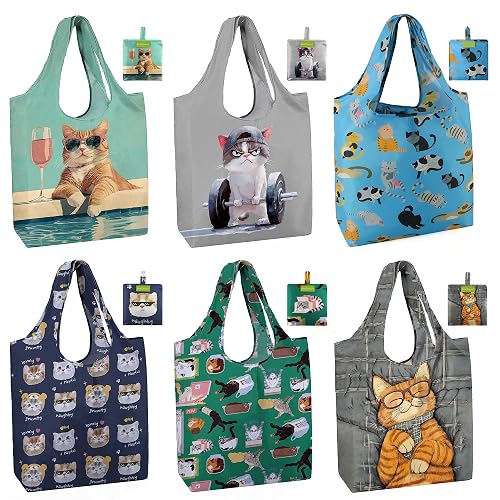 BeeGreen Cat Reusable Shopping Bags Cute Grocery Bag 6 Pack, Christmas Gift Bags Heavy-Duty Foldable Shopping Totes for Supermarket, Work & Travel, Large Washable Polyester Tote Bag with Handles